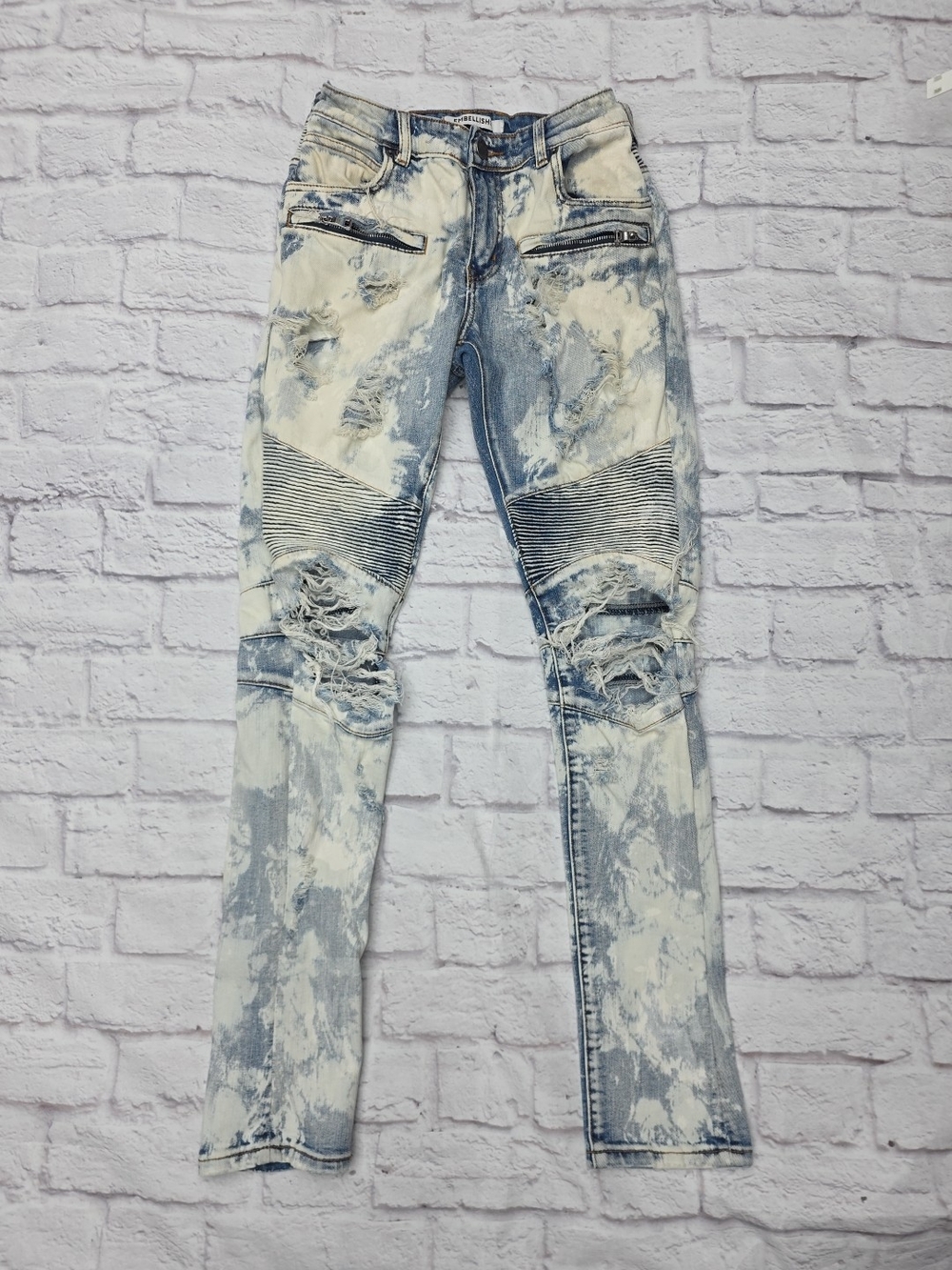 Embellish Moto Jeans Sz 32(28x32) Blue Acid Wash Destroyed Distressed